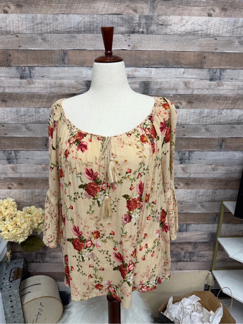 Bila Cream Peasant Tunic with Red Floral Print